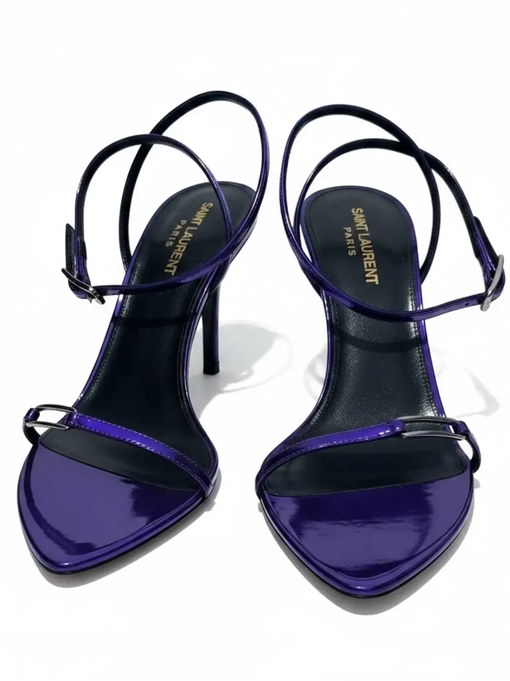 Saint Laurent Kitty 75 Metallic Plum Violet Sandals Heels 38.5 NIB